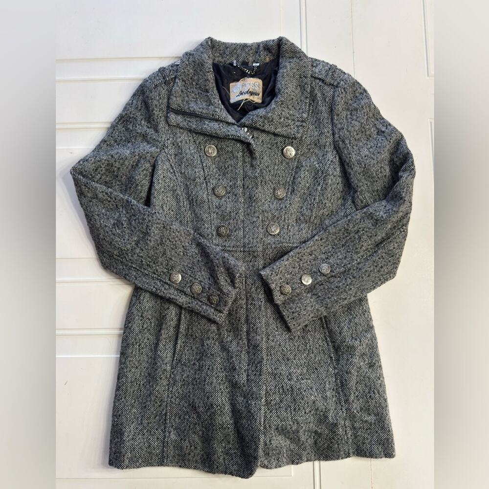 Guess Women’s Sz Small Wool Blend Zip Up Long Coat Peacoat Jacket Tweed